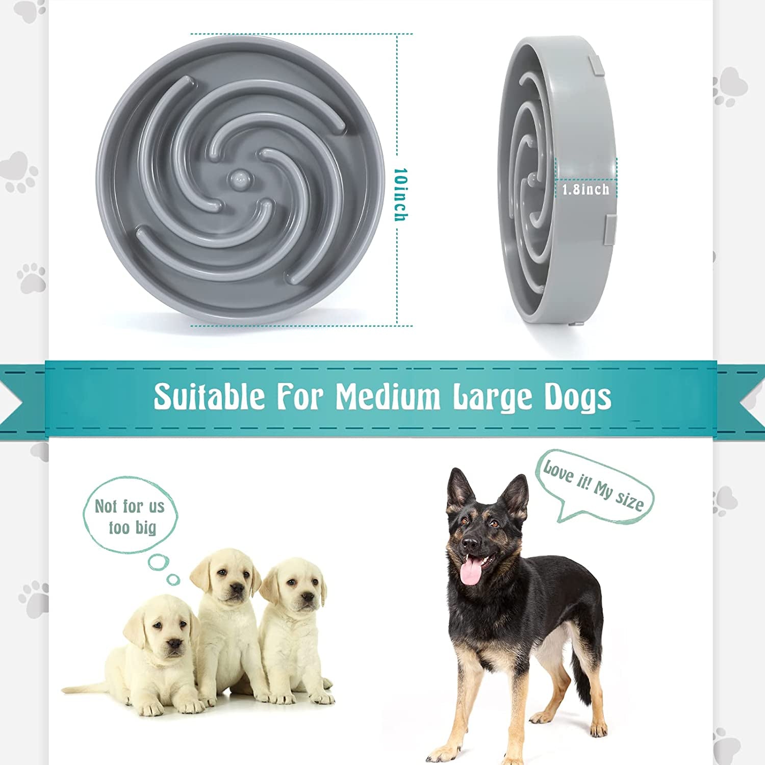 Large Non-Slip Slow Feeder Dog Bowl for Medium to Large Breeds - Interactive Maze Puzzle Design to Prevent Bloat and Choking - Light Gray