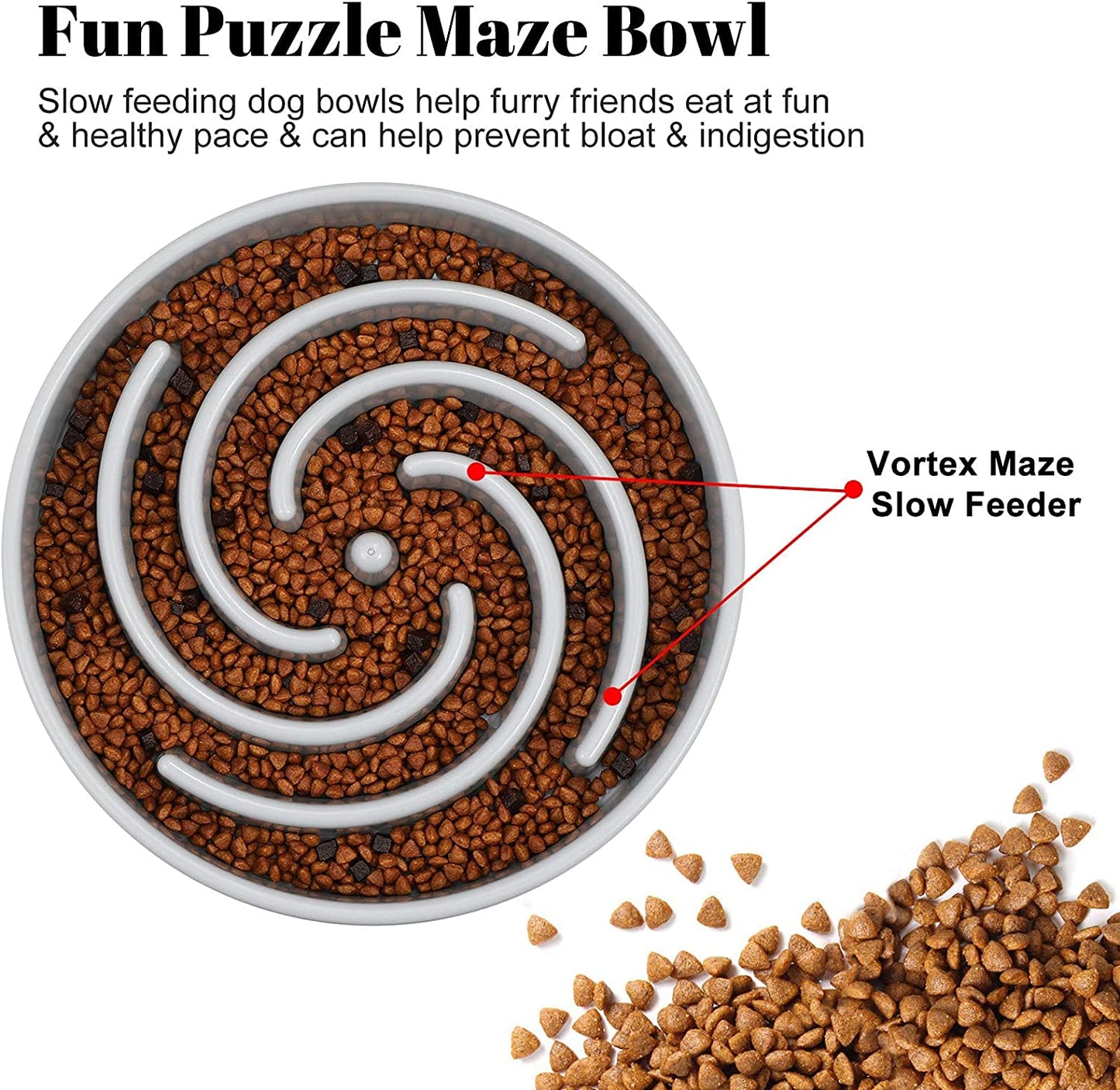 Large Non-Slip Slow Feeder Dog Bowl for Medium to Large Breeds - Interactive Maze Puzzle Design to Prevent Bloat and Choking - Light Gray