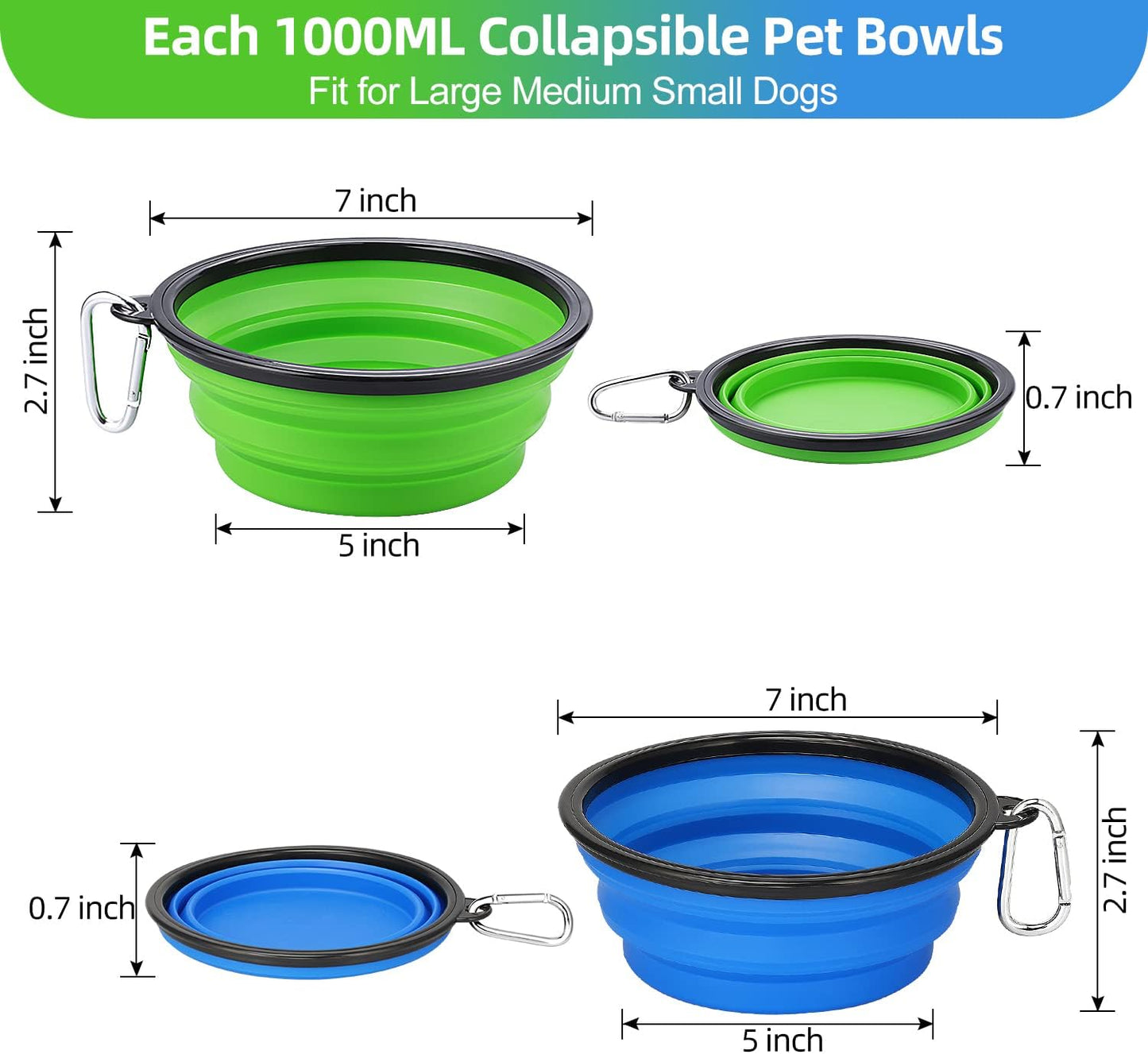 Large Collapsible Dog Bowls - 2 Pack, 34oz Foldable Travel Bowls for Pets, Portable Water and Food Dishes with Clasp, Ideal for Traveling, Walking, and Hiking (Blue & Green)