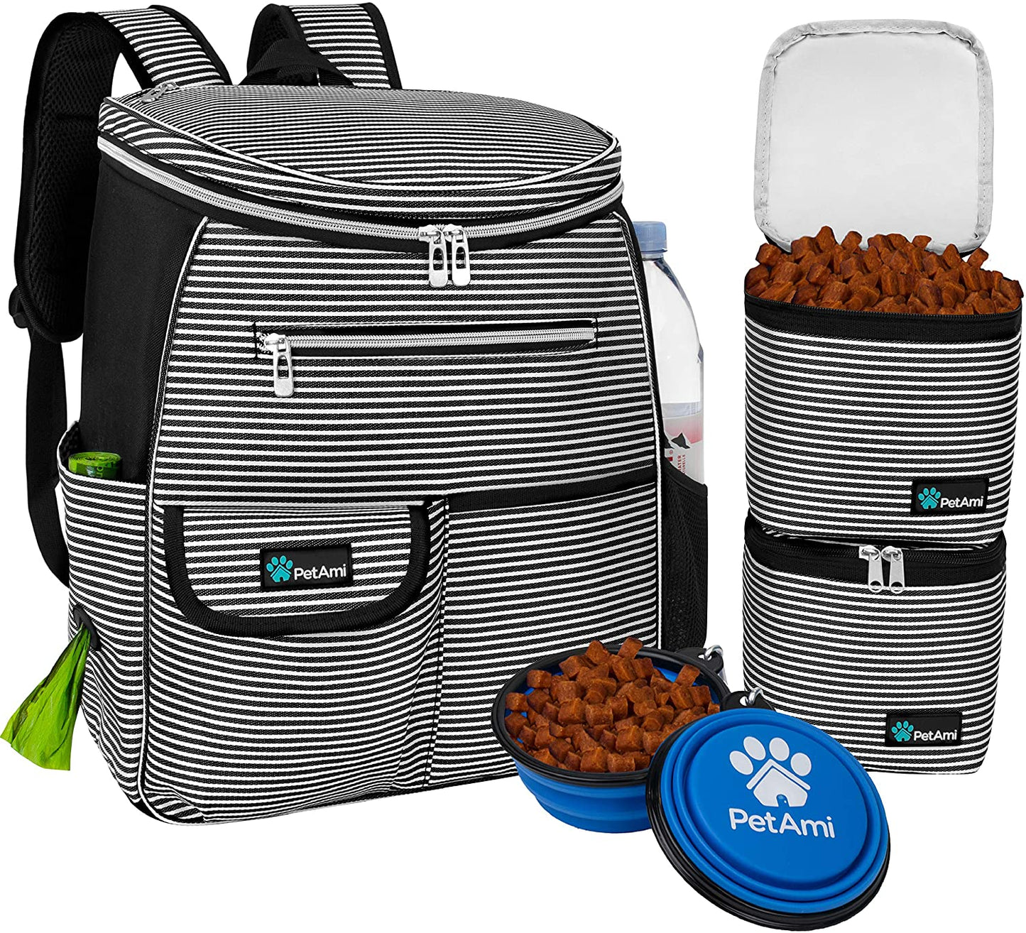 Professional Dog Travel Backpack - Airline Approved Pet Carrier with Diaper Bag Supplies, Camping and Hiking Accessories, Includes Food Container and Collapsible Bowls, Black Stripe Design