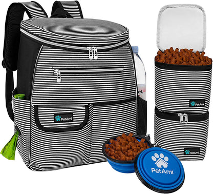 Professional Dog Travel Backpack - Airline Approved Pet Carrier with Diaper Bag Supplies, Camping and Hiking Accessories, Includes Food Container and Collapsible Bowls, Black Stripe Design
