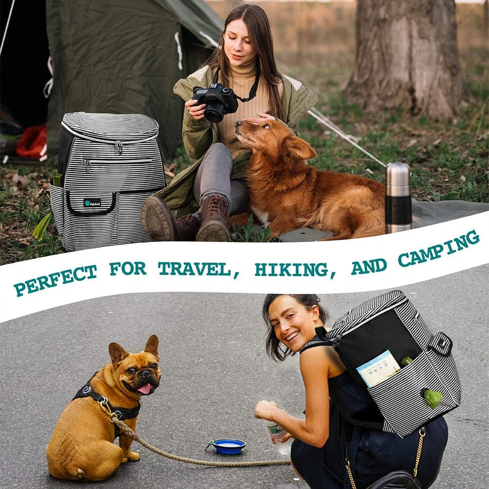 Professional Dog Travel Backpack - Airline Approved Pet Carrier with Diaper Bag Supplies, Camping and Hiking Accessories, Includes Food Container and Collapsible Bowls, Black Stripe Design