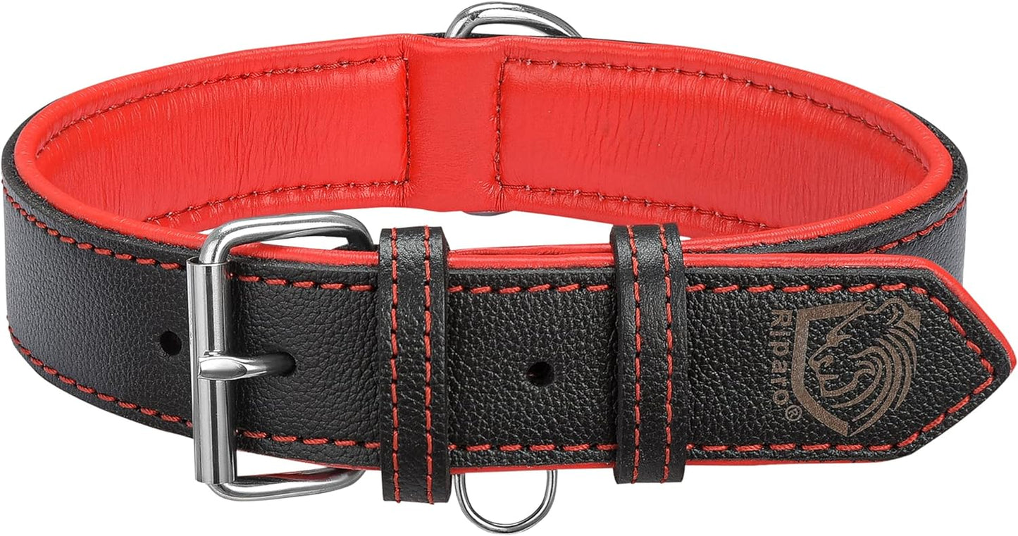 Riparo Heavy-Duty Adjustable Leather Dog Collar - Wide Design for Small to Extra Large Dogs with Dog Tag Holder (XXL: 2” Width, Fits 24”-29” Neck, Black/Red Thread)