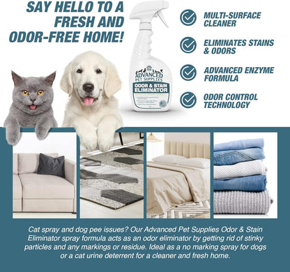 Professional Strength Enzymatic Pet Stain and Odor Remover - Dog Carpet Cleaner Spray with Fresh Scent - 32 Ounces - Made in the USA