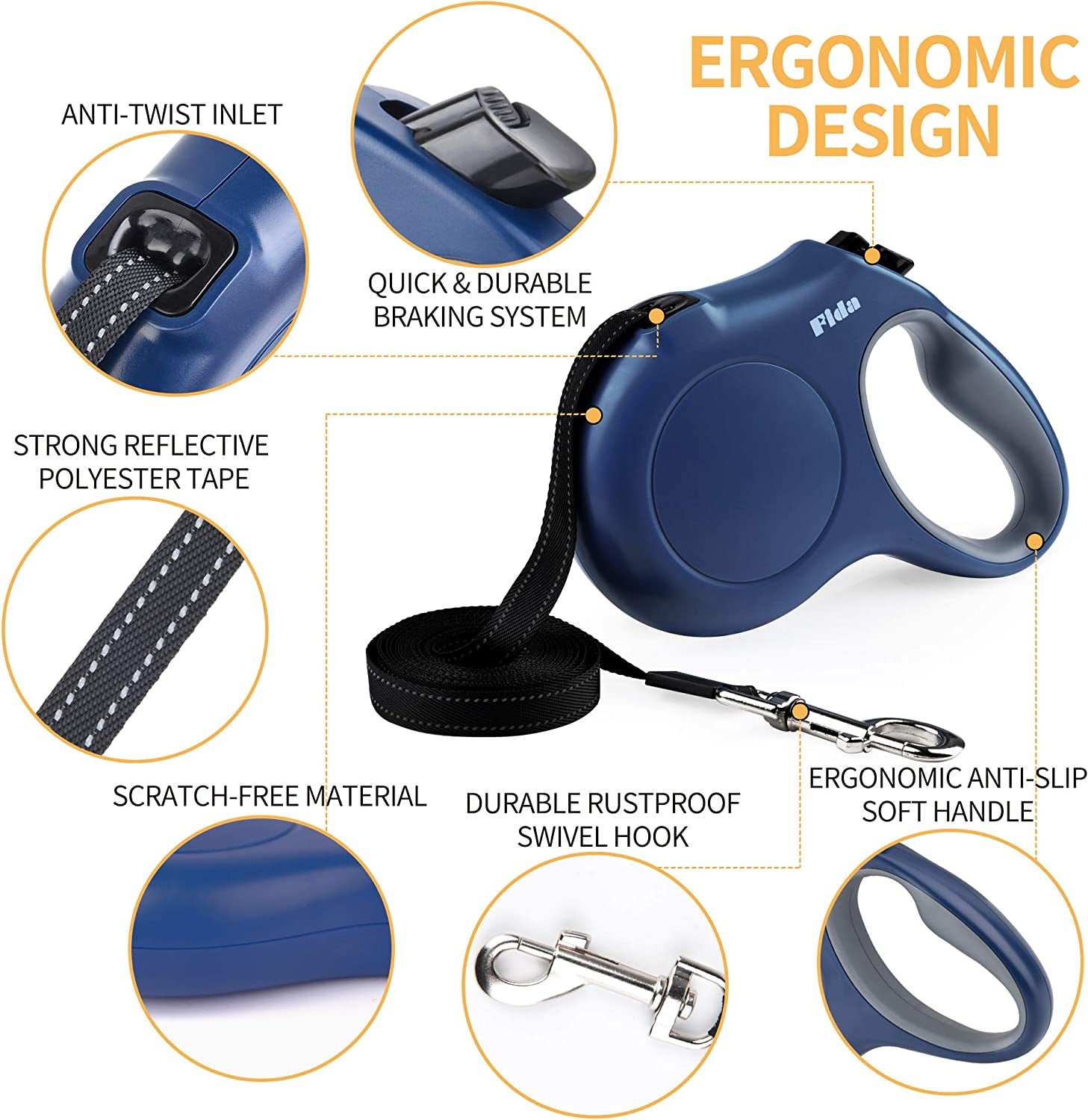 Retractable Dog Leash with Poop Bag Dispenser, 16 Ft Tangle-Free Walking Leash for Large Dogs up to 110 Lbs, Anti-Slip Handle, Reflective Nylon Tape (Large, Navy Blue)