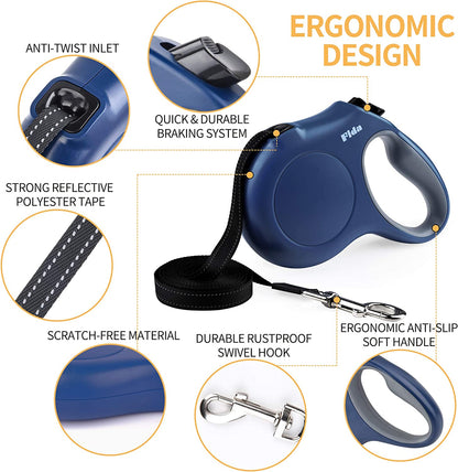 Retractable Dog Leash with Poop Bag Dispenser, 16 Ft Tangle-Free Walking Leash for Large Dogs up to 110 Lbs, Anti-Slip Handle, Reflective Nylon Tape (Large, Navy Blue)