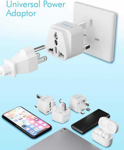 Travel Plug Adapter Set (Type G) for UK, Hong Kong, Ireland, and UAE - 3 Pack [Grounded & Universal], White, Standard
