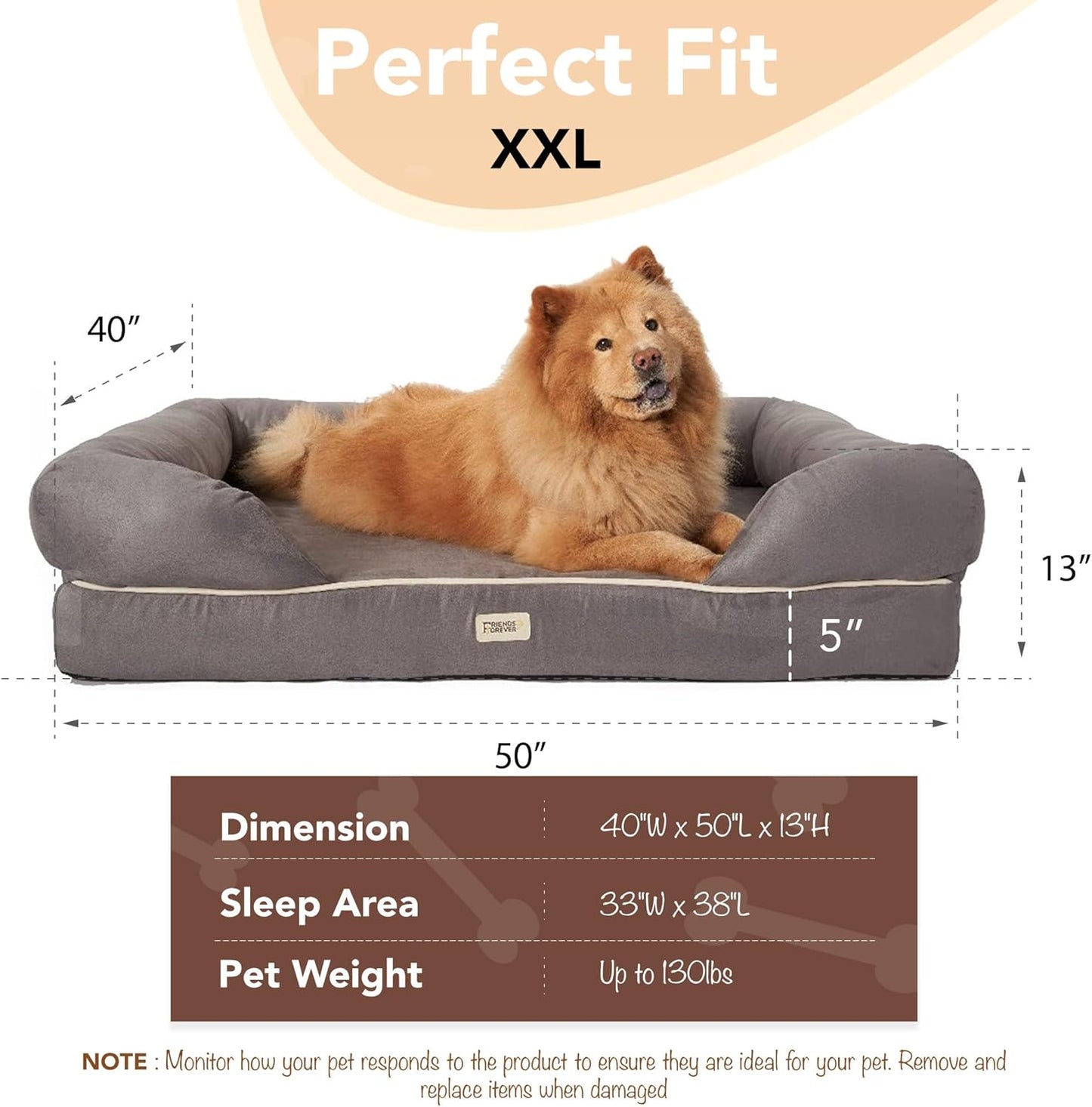 Orthopedic Memory Foam Dog Bed with Calming Design, Water-Resistant Cover, Non-Slip Base, Chester Grey, 50" x 40" x 13