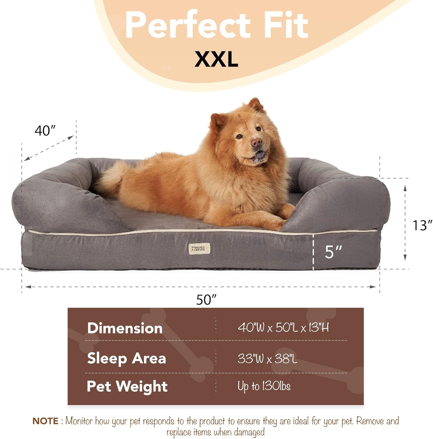 Orthopedic Memory Foam Dog Bed with Calming Design, Water-Resistant Cover, Non-Slip Base, Chester Grey, 50" x 40" x 13