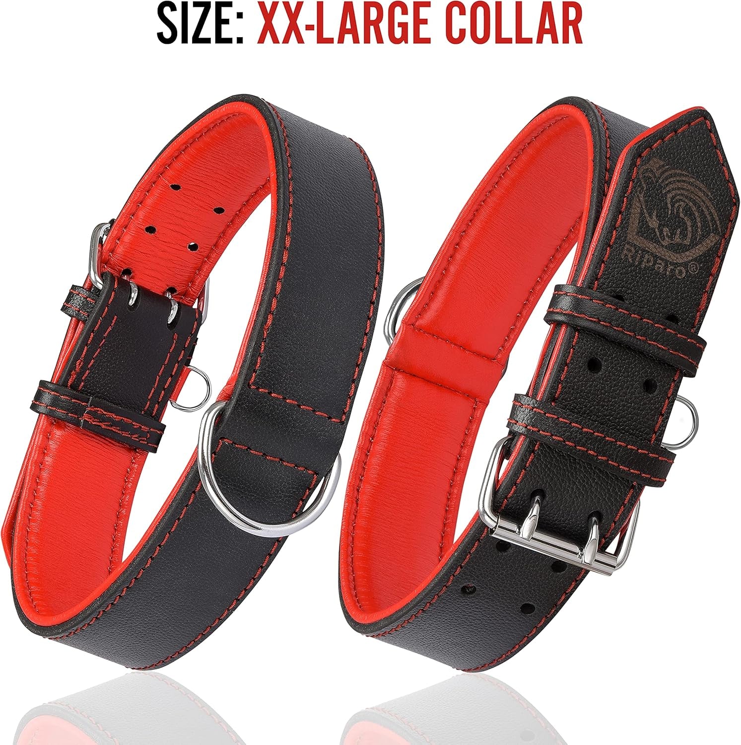 Riparo Heavy-Duty Adjustable Leather Dog Collar - Wide Design for Small to Extra Large Dogs with Dog Tag Holder (XXL: 2” Width, Fits 24”-29” Neck, Black/Red Thread)