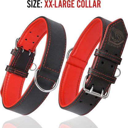 Riparo Heavy-Duty Adjustable Leather Dog Collar - Wide Design for Small to Extra Large Dogs with Dog Tag Holder (XXL: 2” Width, Fits 24”-29” Neck, Black/Red Thread)