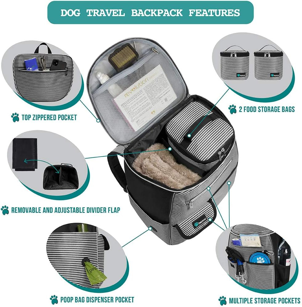 Professional Dog Travel Backpack - Airline Approved Pet Carrier with Diaper Bag Supplies, Camping and Hiking Accessories, Includes Food Container and Collapsible Bowls, Black Stripe Design