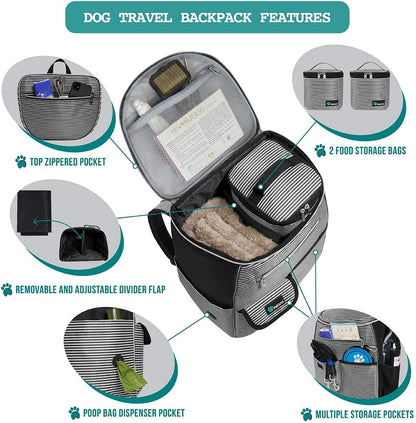 Professional Dog Travel Backpack - Airline Approved Pet Carrier with Diaper Bag Supplies, Camping and Hiking Accessories, Includes Food Container and Collapsible Bowls, Black Stripe Design