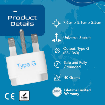 Travel Plug Adapter Set (Type G) for UK, Hong Kong, Ireland, and UAE - 3 Pack [Grounded & Universal], White, Standard