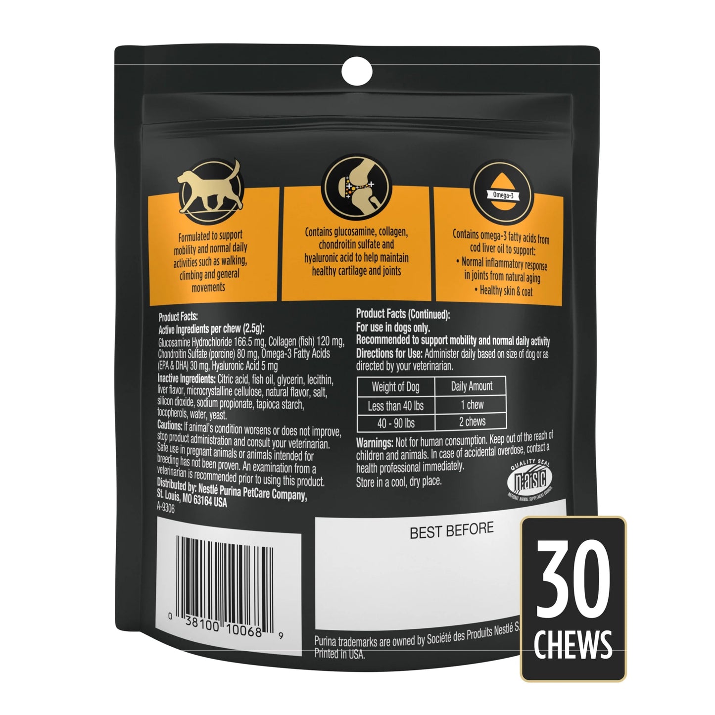 Veterinary Supplements Joint Care Mobility Canine Joint Supplement Hip and Joint Small Breed Dog Chews, 2.65 Oz.