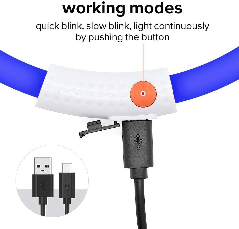 LED Dog Collar Light - USB Rechargeable Flashing LED Necklace for Camping (Blue Silicone)
