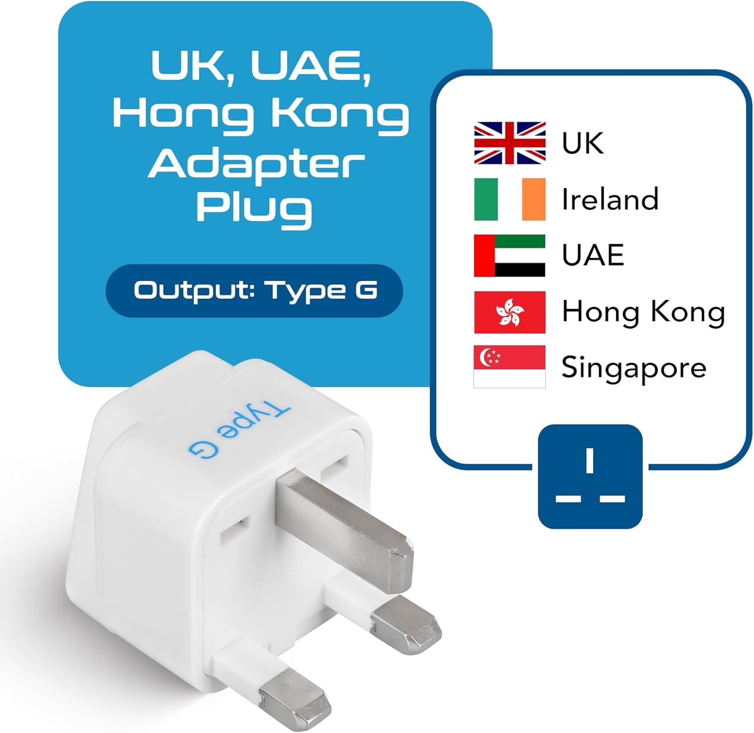 Travel Plug Adapter Set (Type G) for UK, Hong Kong, Ireland, and UAE - 3 Pack [Grounded & Universal], White, Standard