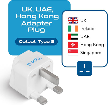 Travel Plug Adapter Set (Type G) for UK, Hong Kong, Ireland, and UAE - 3 Pack [Grounded & Universal], White, Standard
