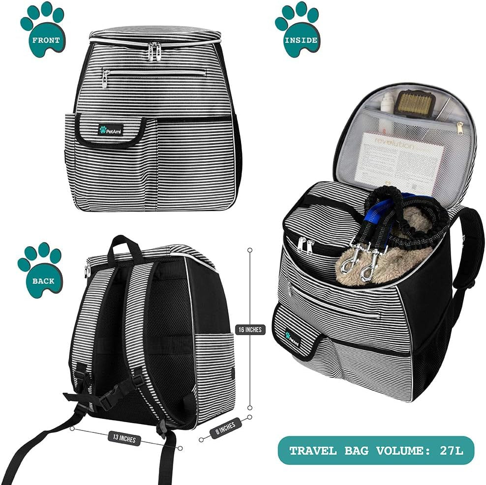 Professional Dog Travel Backpack - Airline Approved Pet Carrier with Diaper Bag Supplies, Camping and Hiking Accessories, Includes Food Container and Collapsible Bowls, Black Stripe Design
