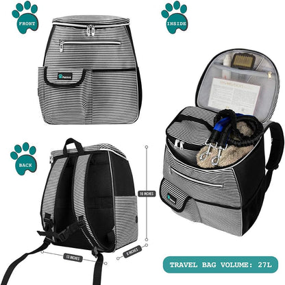 Professional Dog Travel Backpack - Airline Approved Pet Carrier with Diaper Bag Supplies, Camping and Hiking Accessories, Includes Food Container and Collapsible Bowls, Black Stripe Design