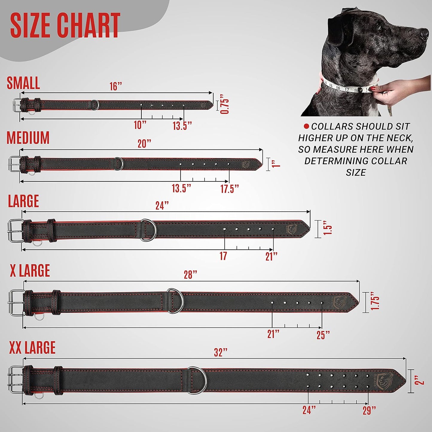 Riparo Heavy-Duty Adjustable Leather Dog Collar - Wide Design for Small to Extra Large Dogs with Dog Tag Holder (XXL: 2” Width, Fits 24”-29” Neck, Black/Red Thread)