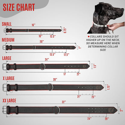 Riparo Heavy-Duty Adjustable Leather Dog Collar - Wide Design for Small to Extra Large Dogs with Dog Tag Holder (XXL: 2” Width, Fits 24”-29” Neck, Black/Red Thread)