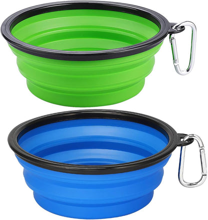 Large Collapsible Dog Bowls - 2 Pack, 34oz Foldable Travel Bowls for Pets, Portable Water and Food Dishes with Clasp, Ideal for Traveling, Walking, and Hiking (Blue & Green)