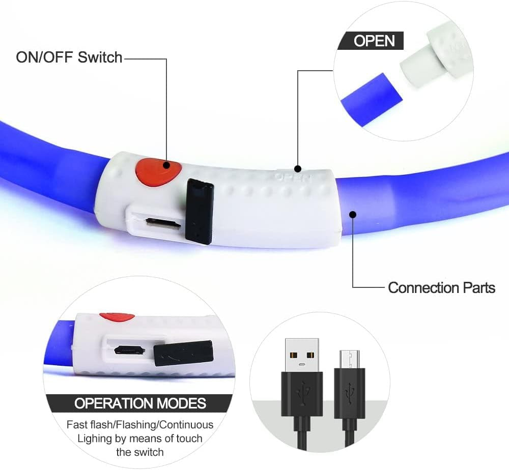 LED Dog Collar Light - USB Rechargeable Flashing LED Necklace for Camping (Blue Silicone)