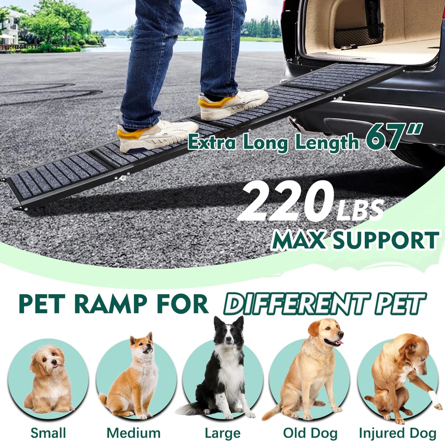Furggis 67" Foldable Dog Ramps for Large Dogs, Dog Car Ramp with Non-Slip Rug Surface, Pet Ramp Stairs Portable,Dog Steps for Medium & Large Dogs up to 220 LBS Get into a Car, SUV & Truck