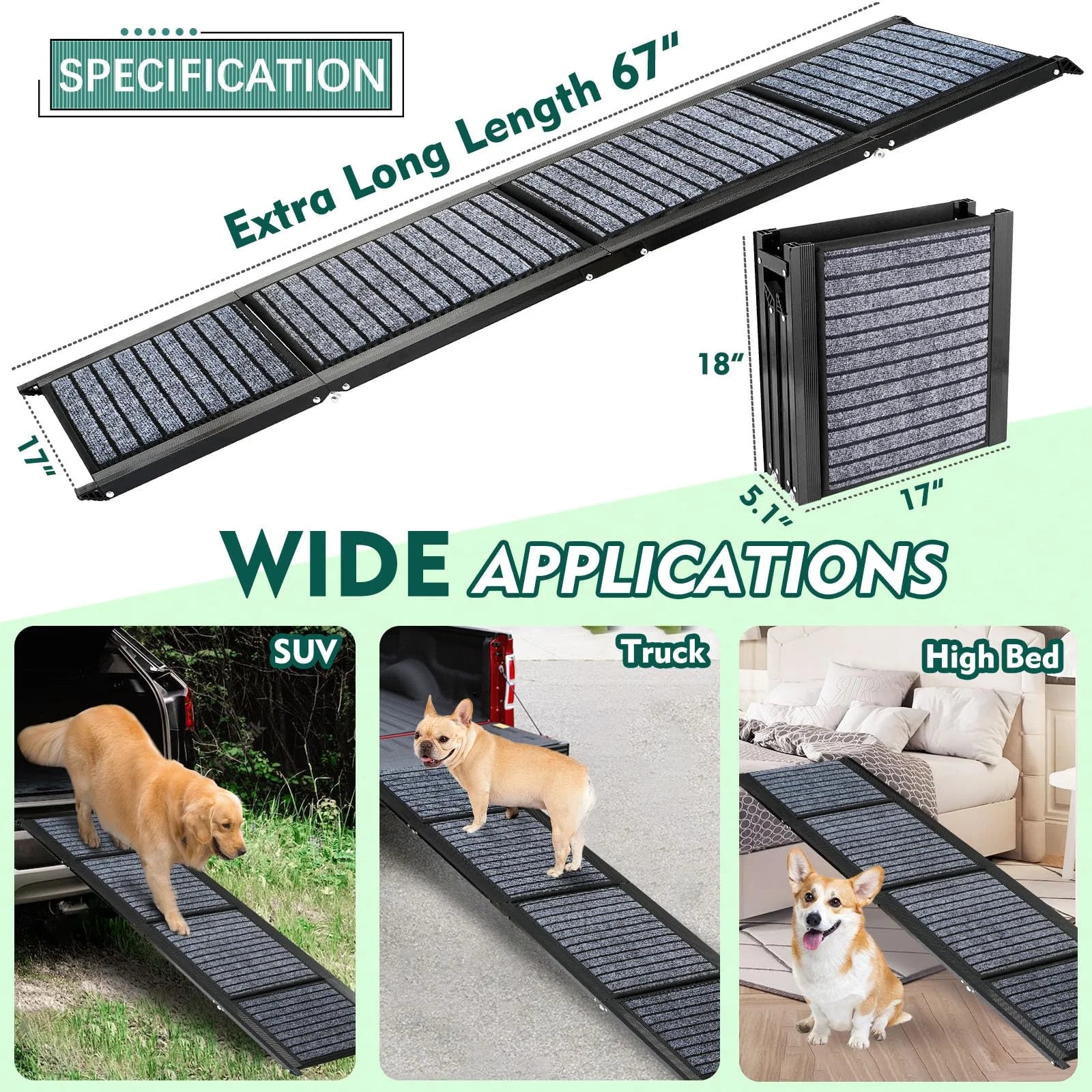 Furggis 67" Foldable Dog Ramps for Large Dogs, Dog Car Ramp with Non-Slip Rug Surface, Pet Ramp Stairs Portable,Dog Steps for Medium & Large Dogs up to 220 LBS Get into a Car, SUV & Truck