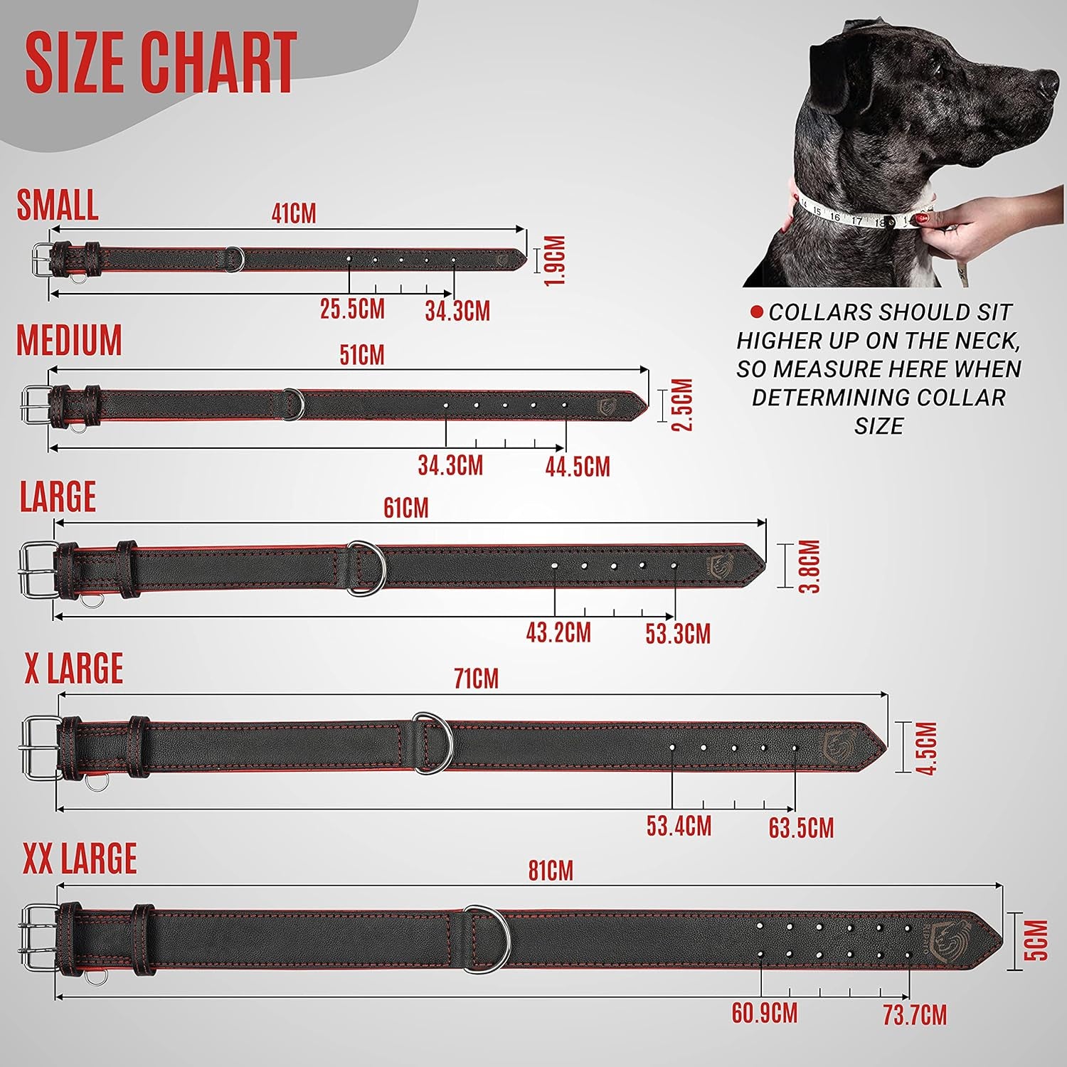 Riparo Heavy-Duty Adjustable Leather Dog Collar - Wide Design for Small to Extra Large Dogs with Dog Tag Holder (XXL: 2” Width, Fits 24”-29” Neck, Black/Red Thread)