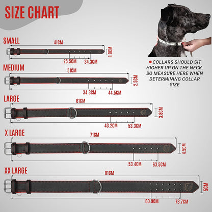 Riparo Heavy-Duty Adjustable Leather Dog Collar - Wide Design for Small to Extra Large Dogs with Dog Tag Holder (XXL: 2” Width, Fits 24”-29” Neck, Black/Red Thread)
