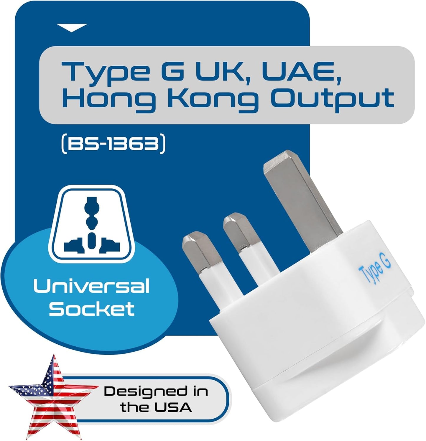 Travel Plug Adapter Set (Type G) for UK, Hong Kong, Ireland, and UAE - 3 Pack [Grounded & Universal], White, Standard