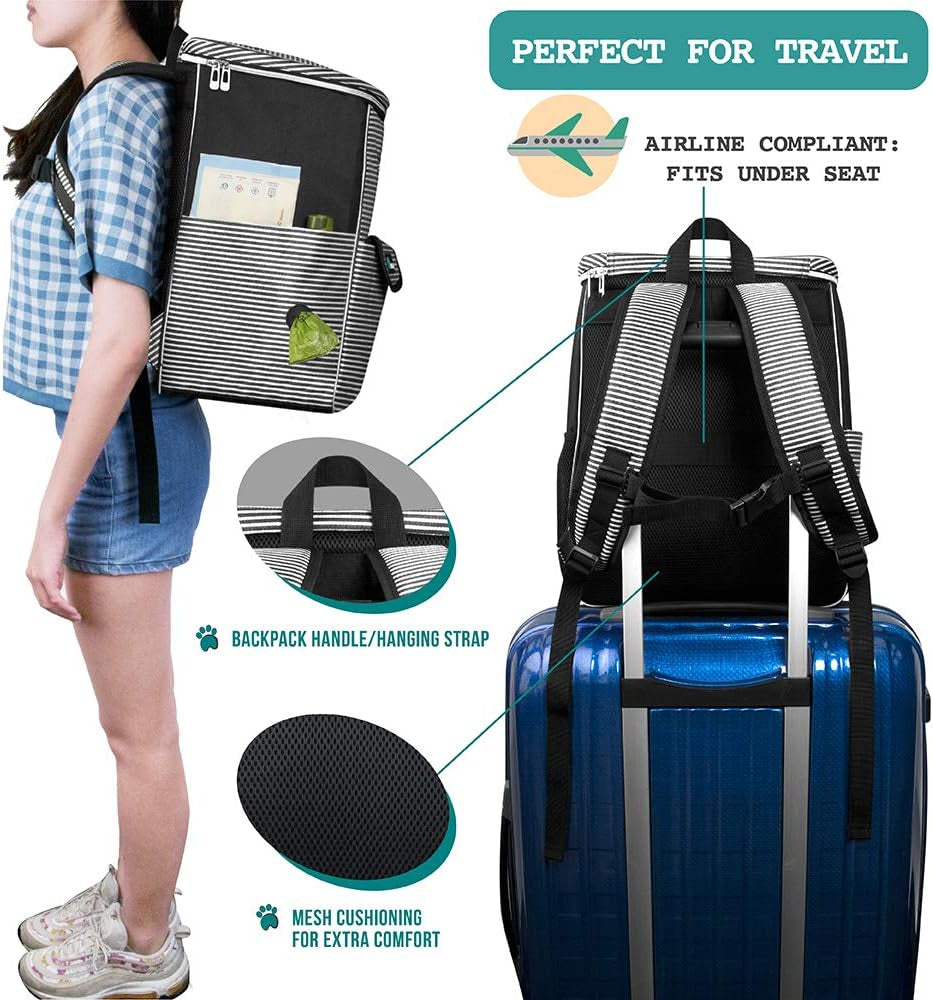 Professional Dog Travel Backpack - Airline Approved Pet Carrier with Diaper Bag Supplies, Camping and Hiking Accessories, Includes Food Container and Collapsible Bowls, Black Stripe Design