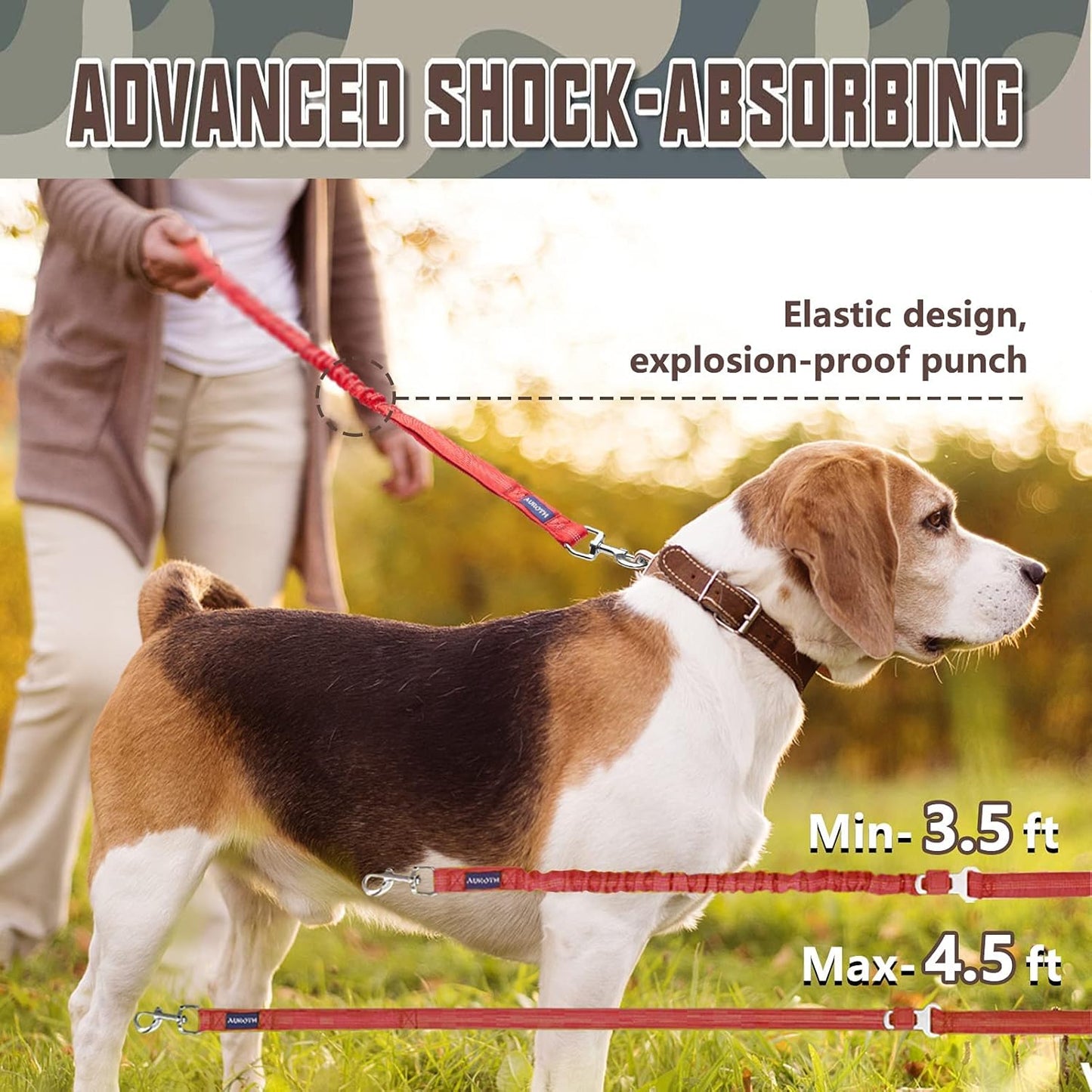Premium Heavy Duty Bungee Dog Leash for Large Breeds - Shock Absorbing, No Pull Design with Car Seat Belt, Dual Padded Handles, Available in 4.5ft and 6ft Lengths, Red