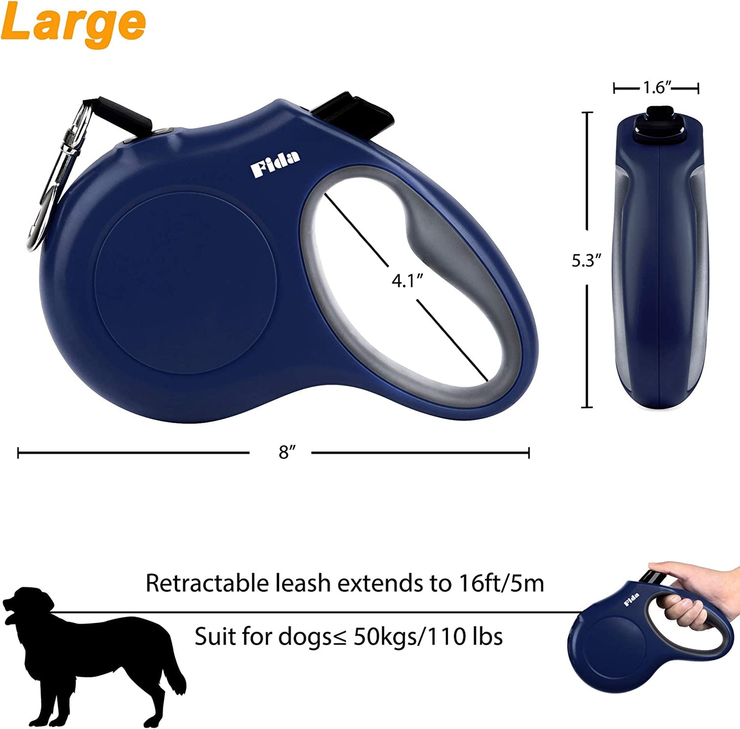 Retractable Dog Leash with Poop Bag Dispenser, 16 Ft Tangle-Free Walking Leash for Large Dogs up to 110 Lbs, Anti-Slip Handle, Reflective Nylon Tape (Large, Navy Blue)