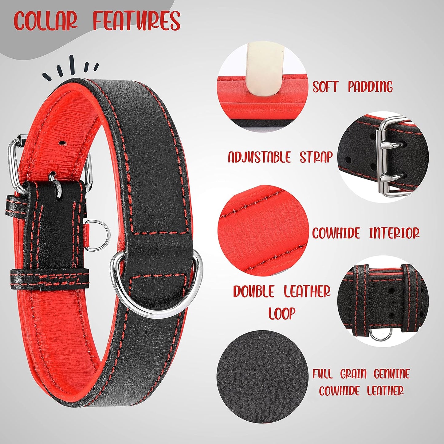 Riparo Heavy-Duty Adjustable Leather Dog Collar - Wide Design for Small to Extra Large Dogs with Dog Tag Holder (XXL: 2” Width, Fits 24”-29” Neck, Black/Red Thread)