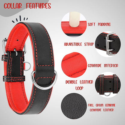 Riparo Heavy-Duty Adjustable Leather Dog Collar - Wide Design for Small to Extra Large Dogs with Dog Tag Holder (XXL: 2” Width, Fits 24”-29” Neck, Black/Red Thread)