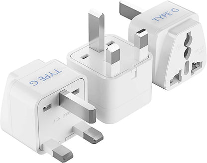 Travel Plug Adapter Set (Type G) for UK, Hong Kong, Ireland, and UAE - 3 Pack [Grounded & Universal], White, Standard