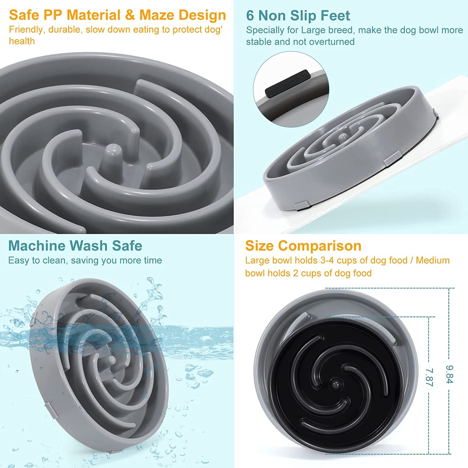 Large Non-Slip Slow Feeder Dog Bowl for Medium to Large Breeds - Interactive Maze Puzzle Design to Prevent Bloat and Choking - Light Gray