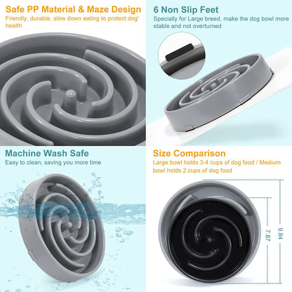 Large Non-Slip Slow Feeder Dog Bowl for Medium to Large Breeds - Interactive Maze Puzzle Design to Prevent Bloat and Choking - Light Gray