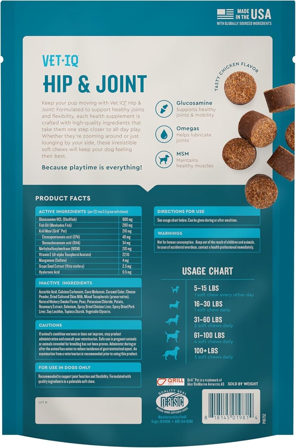 Vetiq Glucosamine Hip & Joint Supplement for Dogs, 60 Soft Chews, Dog Joint ...