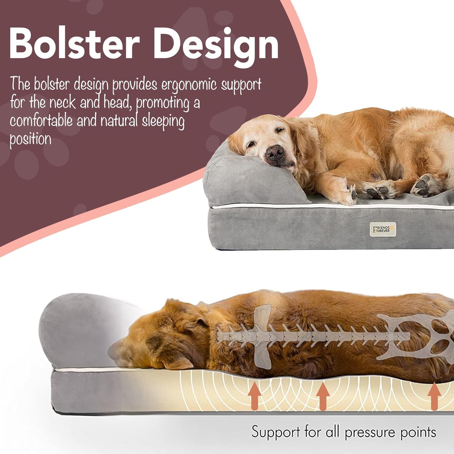 Orthopedic Memory Foam Dog Bed with Calming Design, Water-Resistant Cover, Non-Slip Base, Chester Grey, 50" x 40" x 13