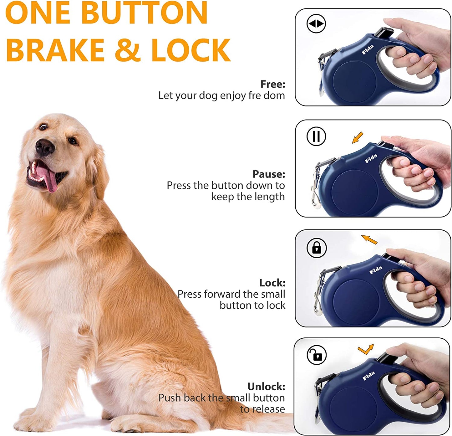 Retractable Dog Leash with Poop Bag Dispenser, 16 Ft Tangle-Free Walking Leash for Large Dogs up to 110 Lbs, Anti-Slip Handle, Reflective Nylon Tape (Large, Navy Blue)