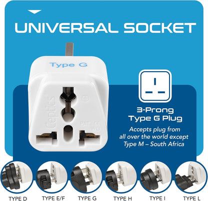 Travel Plug Adapter Set (Type G) for UK, Hong Kong, Ireland, and UAE - 3 Pack [Grounded & Universal], White, Standard
