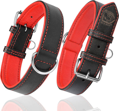 Riparo Heavy-Duty Adjustable Leather Dog Collar - Wide Design for Small to Extra Large Dogs with Dog Tag Holder (XXL: 2” Width, Fits 24”-29” Neck, Black/Red Thread)