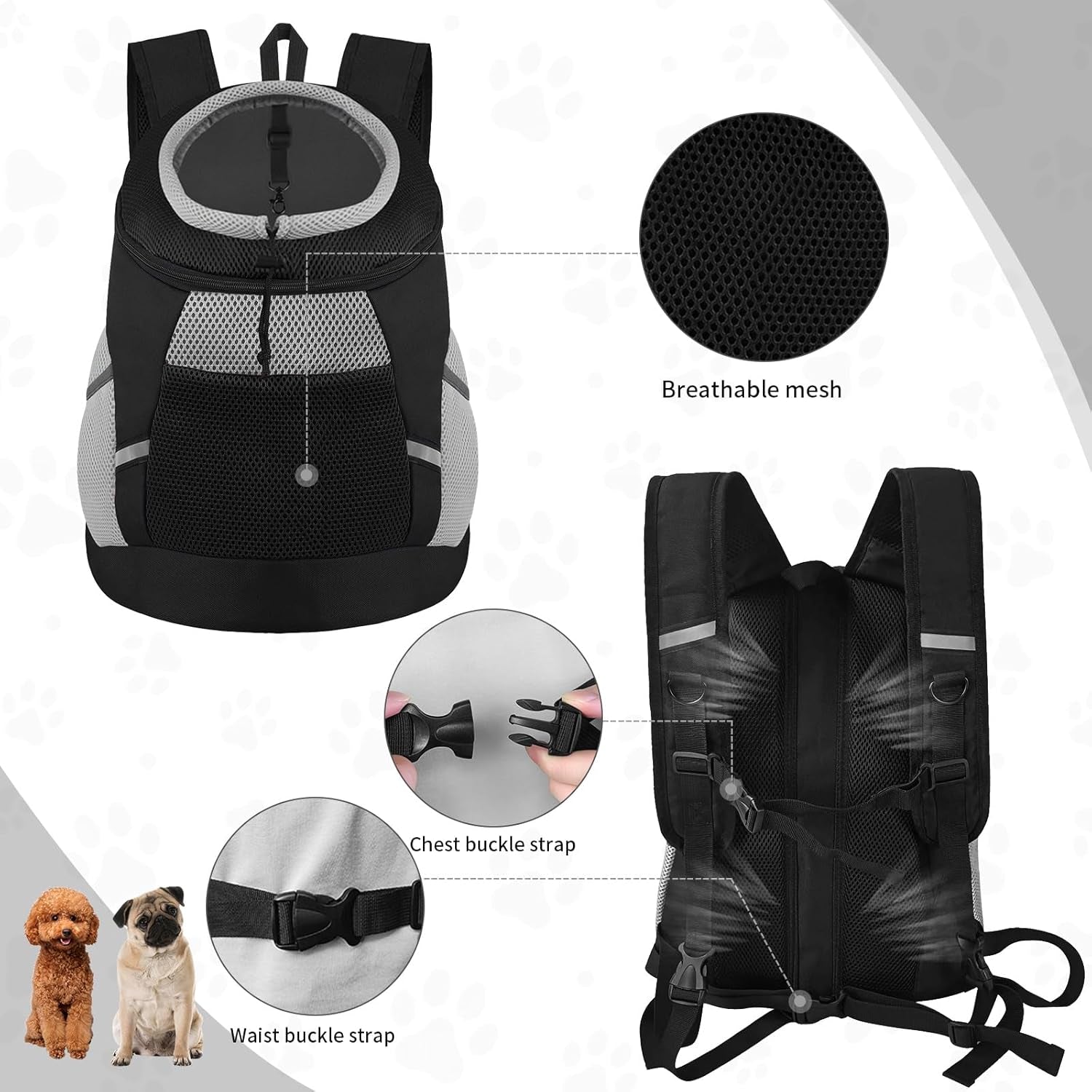 Dog Backpack Carrier Small Dog Front Backpack Adjustable Dog Chest Carrier Backpack Ventilated Dog Carrier for Hiking with Safety Strips Dog Backpacks Black L(10-14 Lbs)