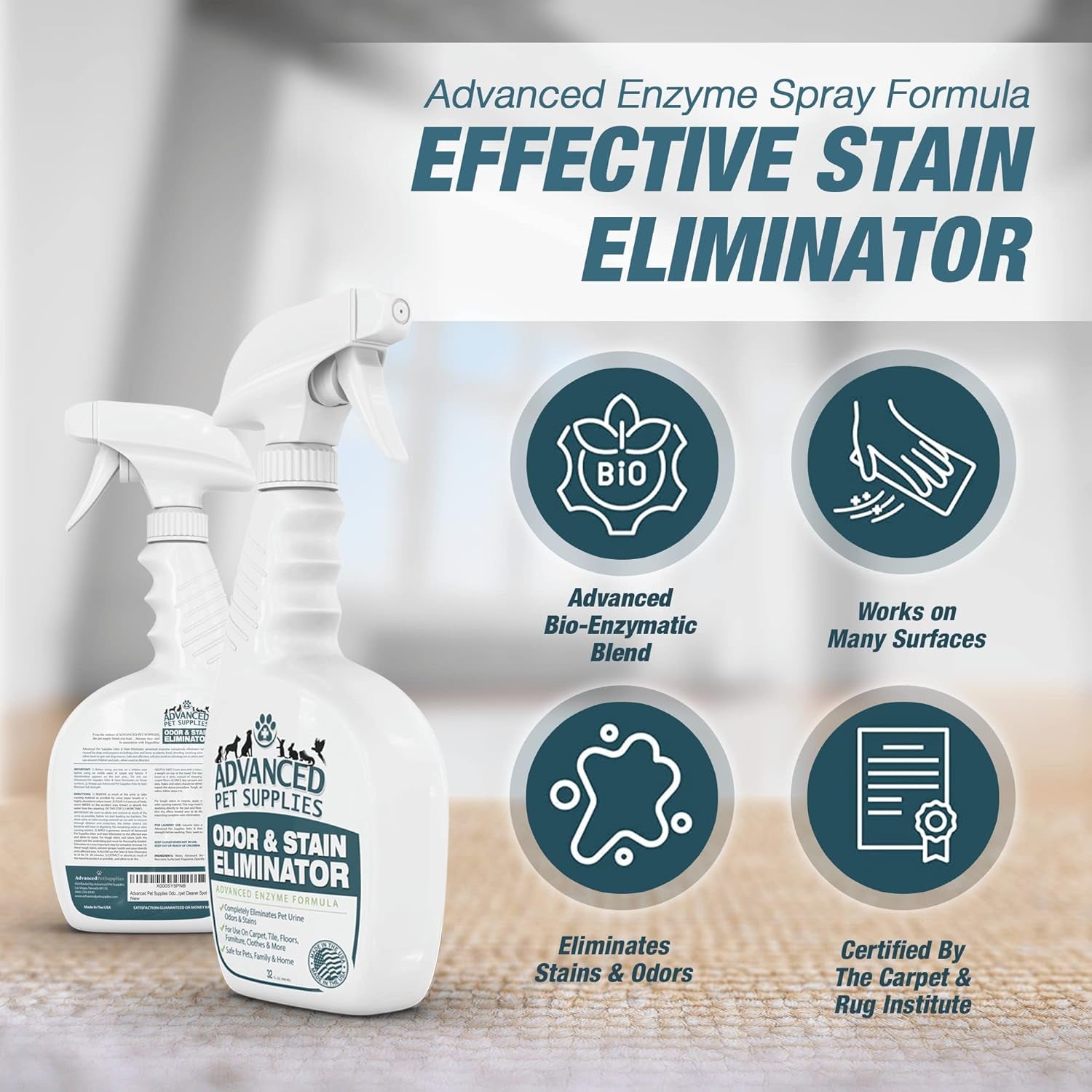 Professional Strength Enzymatic Pet Stain and Odor Remover - Dog Carpet Cleaner Spray with Fresh Scent - 32 Ounces - Made in the USA